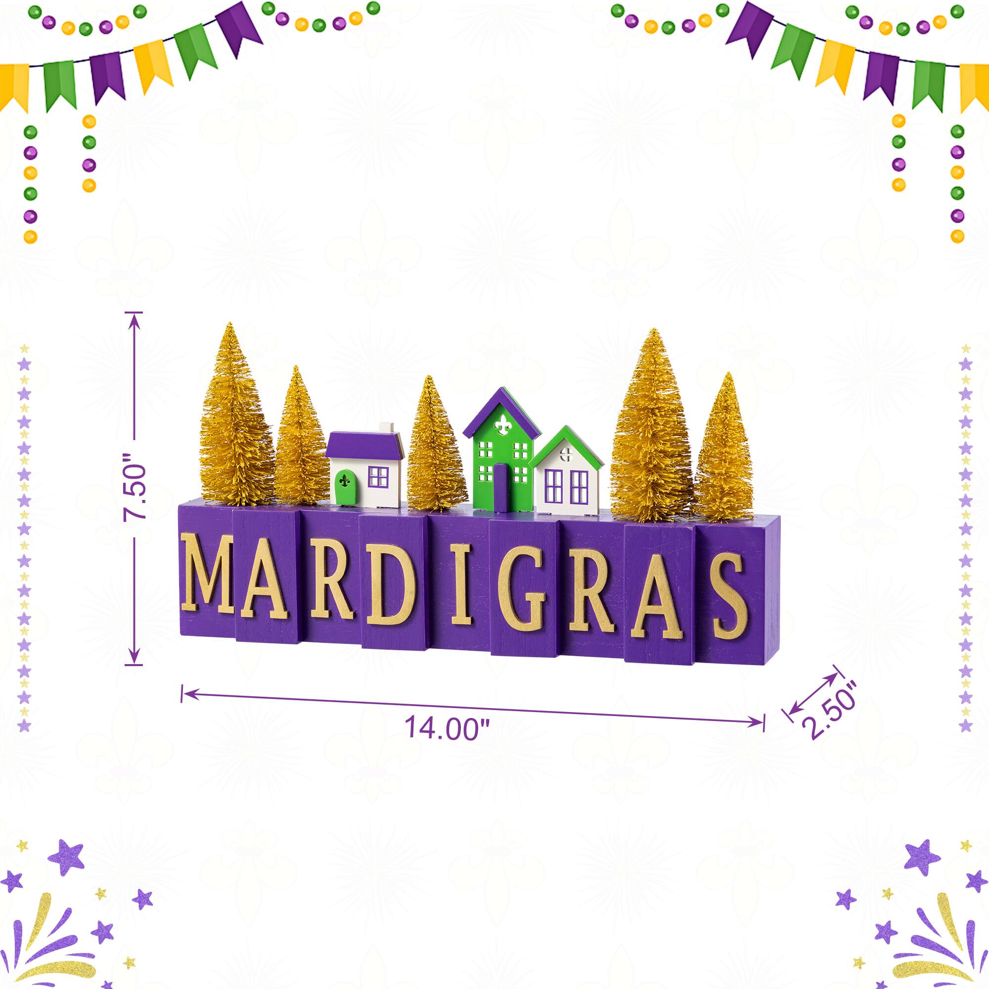Glitzhome® 14" Mardi Gras Wooden House and Brush Trees Table Decor